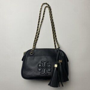 TORY BURCH Black Pebbled Leather Chain Thea Shoulder Bag w/Tassels